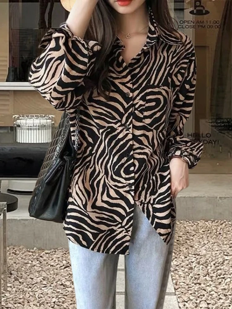 Vintage Leopard Shirt Women Clothing Casual Stripe Shirt Print Blouse Office Ladies Long Sleeve Tops Summer Streetwear Plus Size