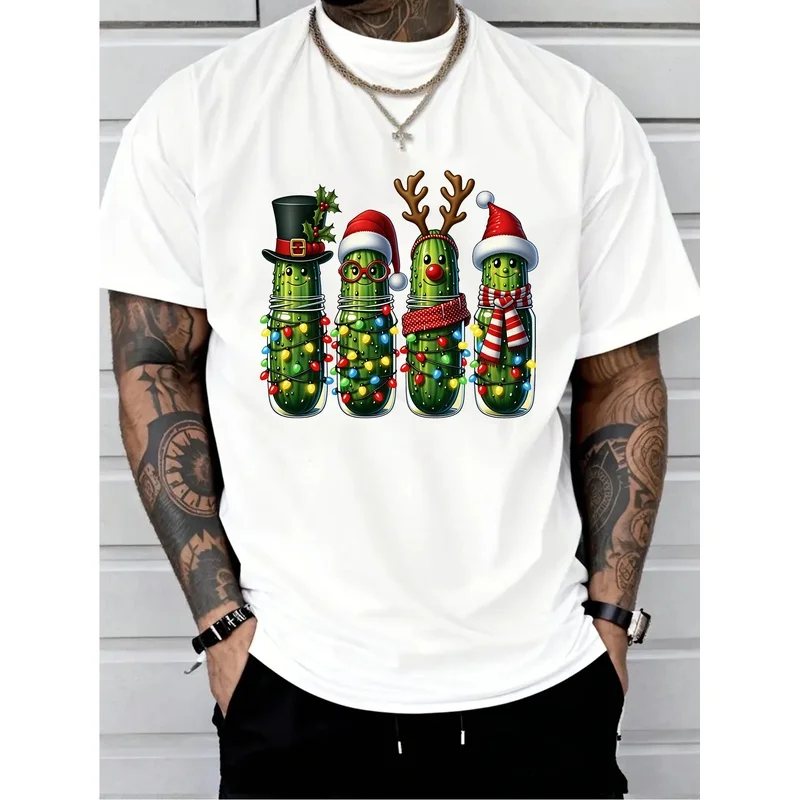 Men's T-shirt, Fun 'Christmas Pickle Characters Printed T-shirt, Suitable for Christmas Parties and Everyday Casual Wear