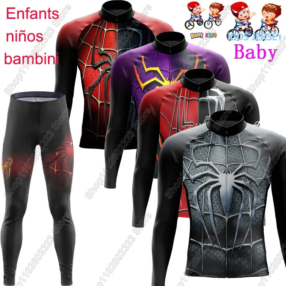 

Kids Spiders 2025 Cycling Jersey Set Cartoon Anime Boys Girls Long Sleeve Child Cycling Clothing Suit MTB Bike Road Pants Bib