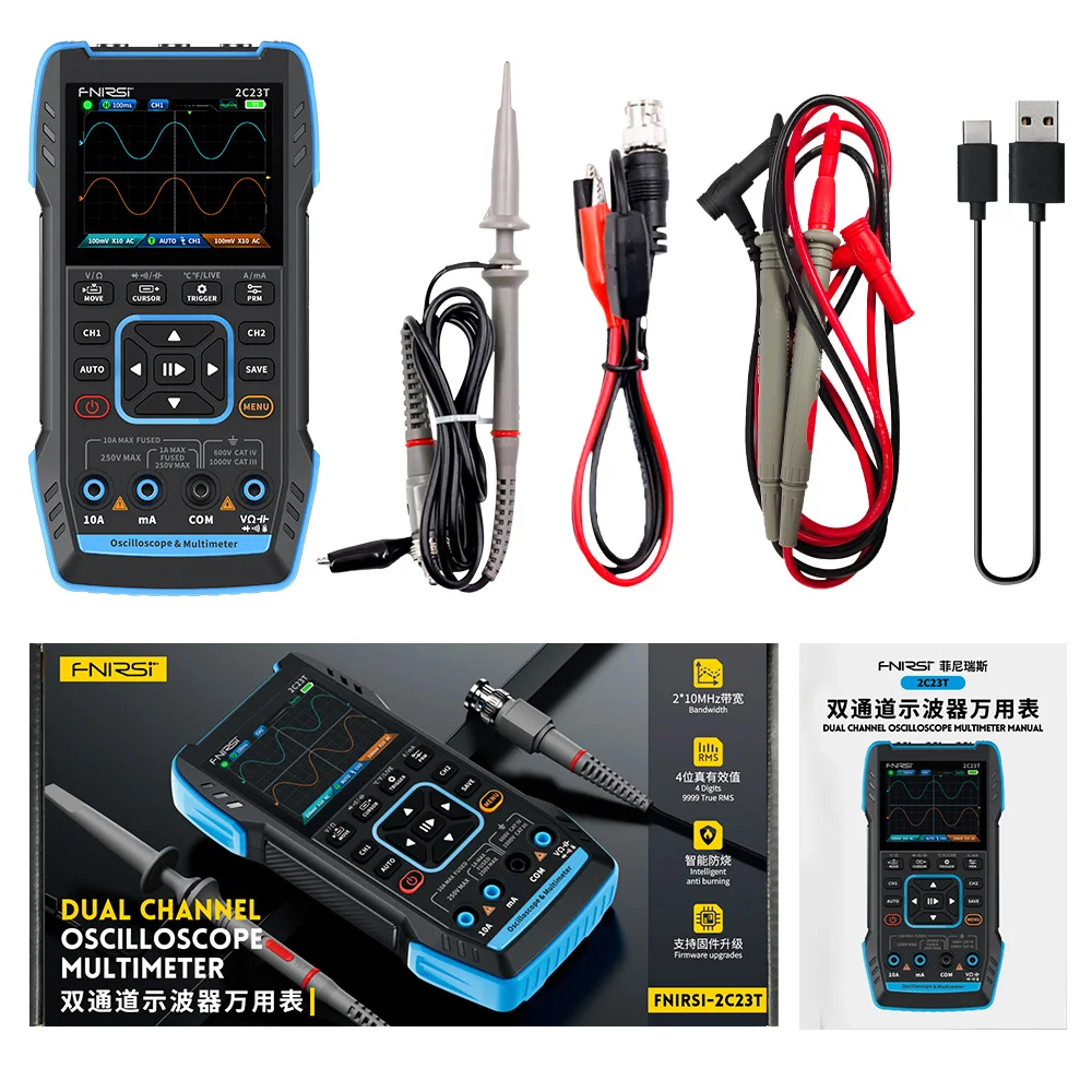 FNIRSI 2C23T Digital Oscilloscope Multimeter Signal Generator 2 Channel 10Mhz 50MSa/s 9999 Counts True RMS Diode Fireline Detect