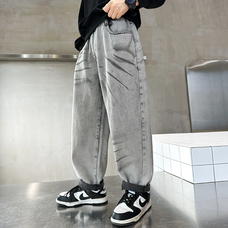 Korean Baby Jeans Pants for Big Boys Harem Trousers Teenager Denim Pants Children Spring Casual Print for Kids Autumn Gray Jeans