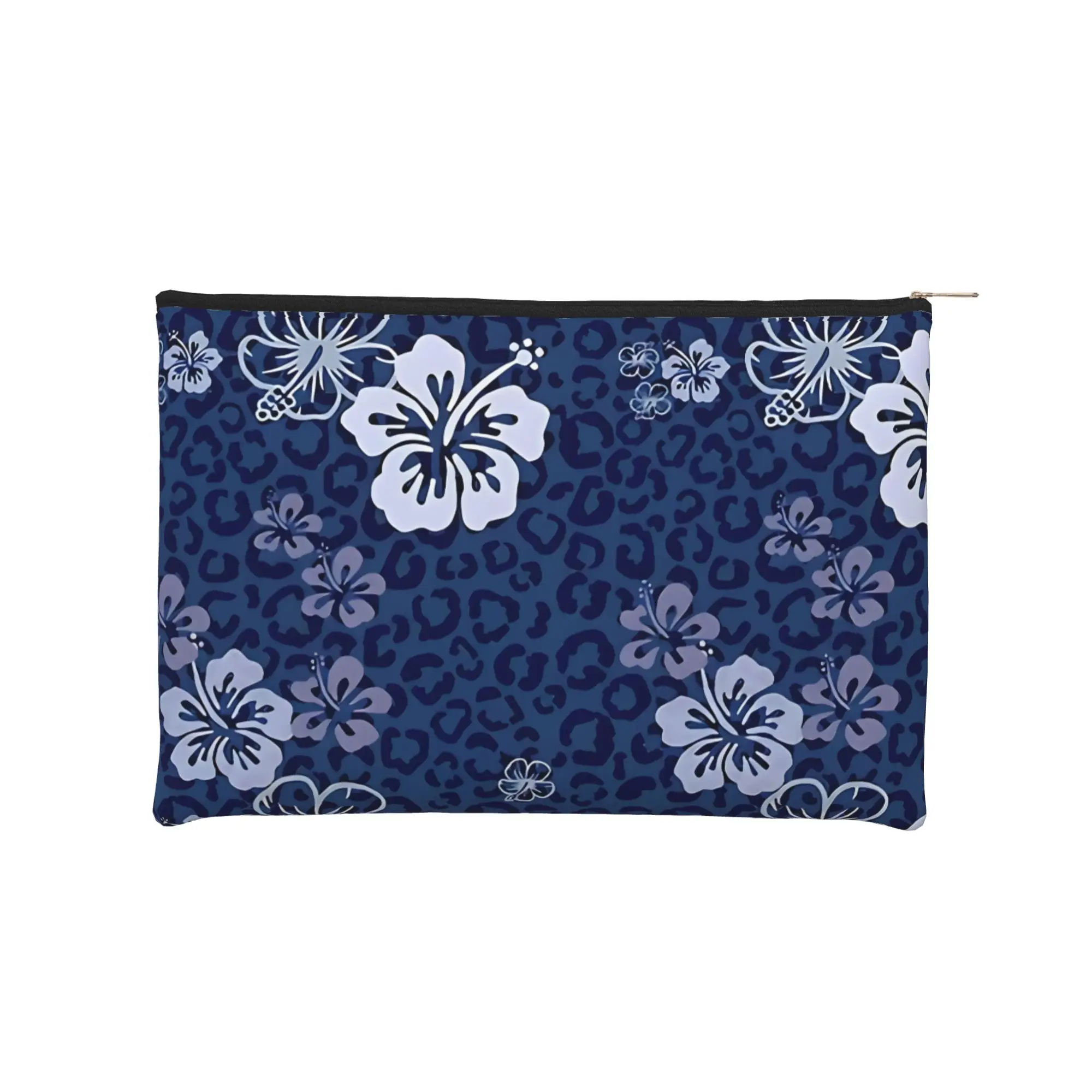 Foldable Cute pouch Pretty In Blue Leopard Print Floral Repeated Pattern Makeup Bag  Toiletry Bag with Zipper