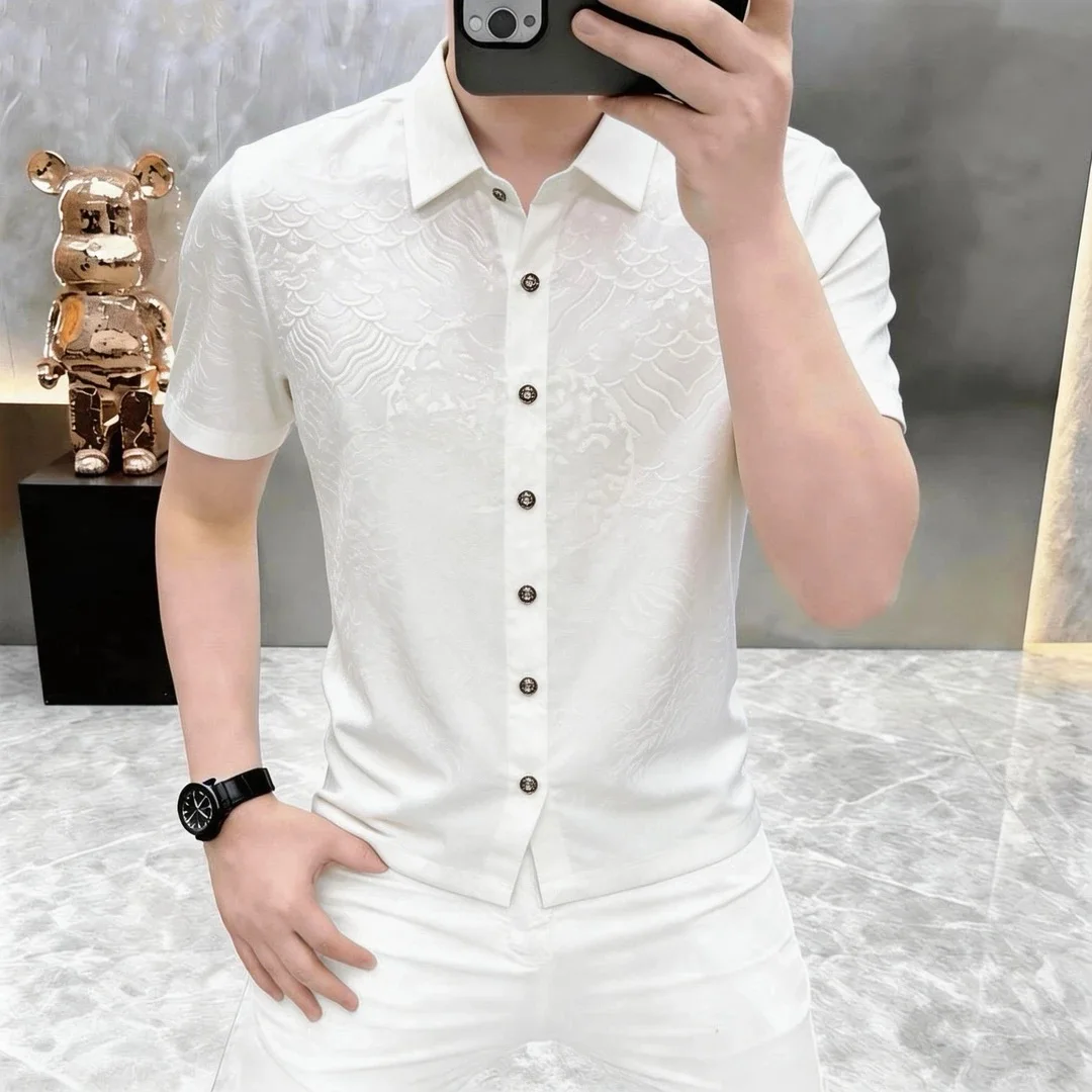 

Summer Ice Silk Flower Printed Men's Shirt Fashion Slim Short Sleeve Casual Shirts High Quality Social Party Streetwear Shirts
