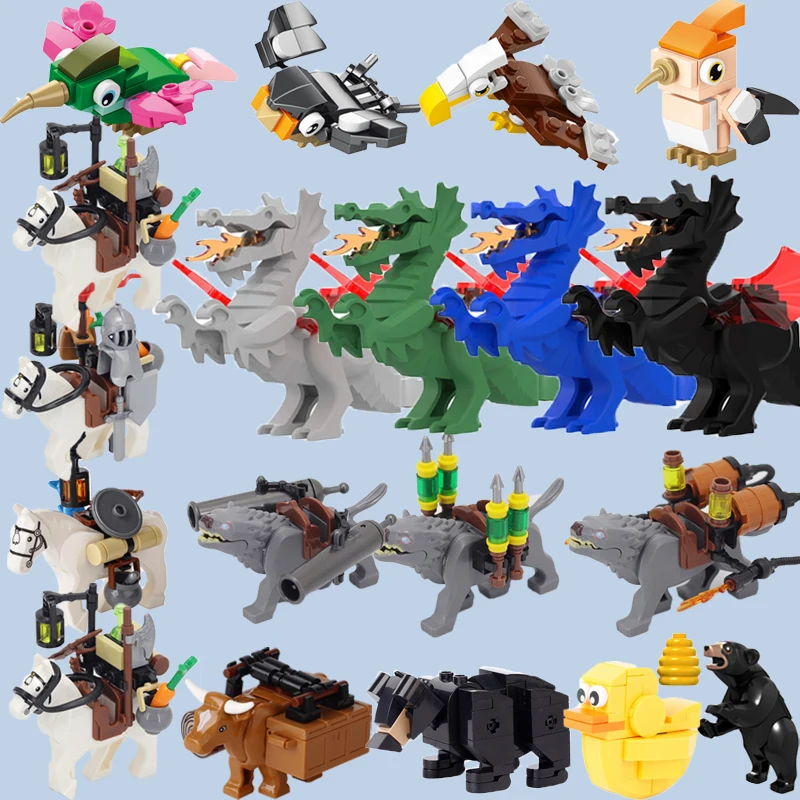 MOC Animal Building Block Accessories Set Crow Parrot Peacock Eagle Flamingo Transport Horse Ox Cart Gift Brick Model Toy K001