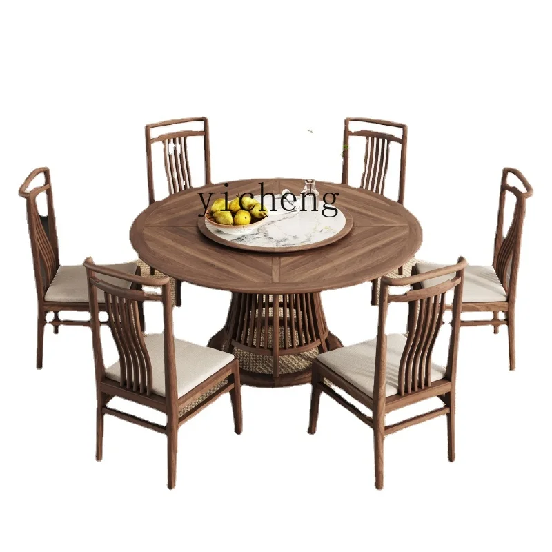 

Zk Walnut Solid Wood round Dining Table and Chair Combination with Rock Plate Turntable Household Simple Dining Table