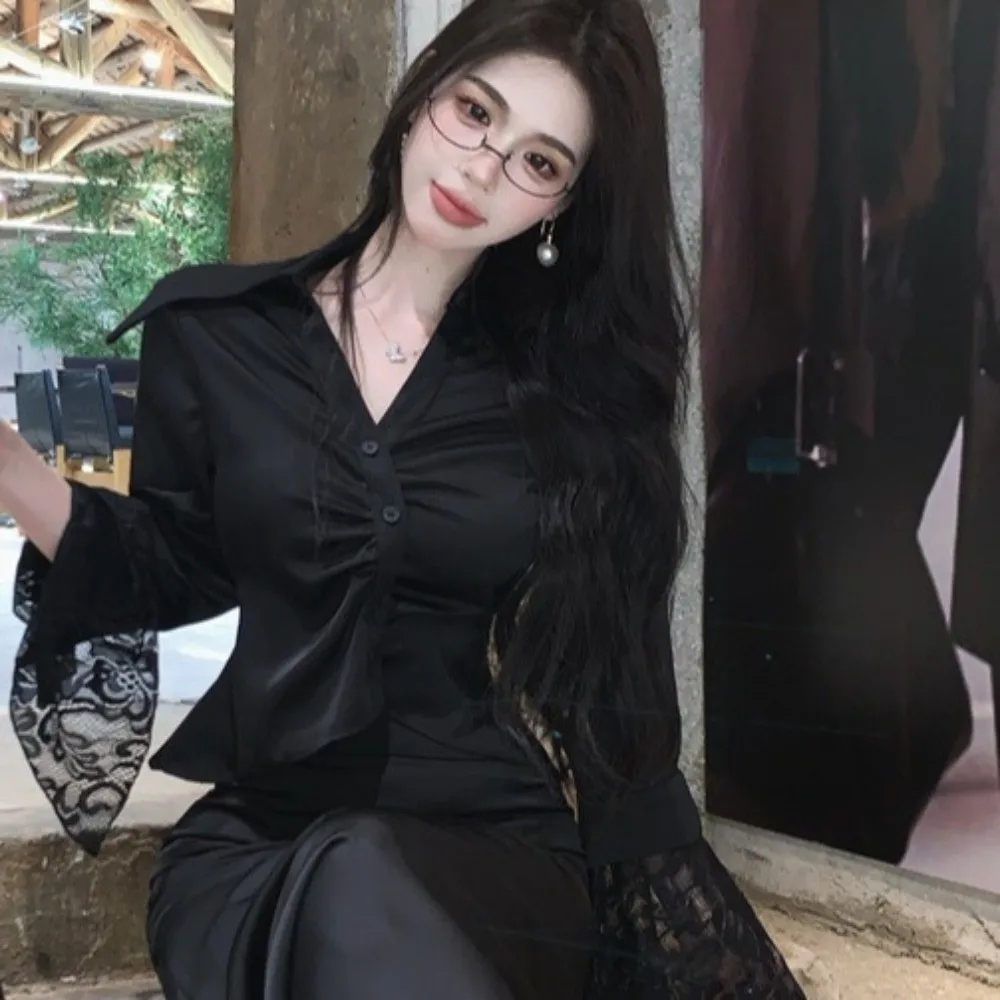 

Кружевные рубашки с v-образным вырезом и длинными рукавами, кружевная одежда с рукавами, короткая облегающая блузка в корейском стиле, черно-белая на пуговицах