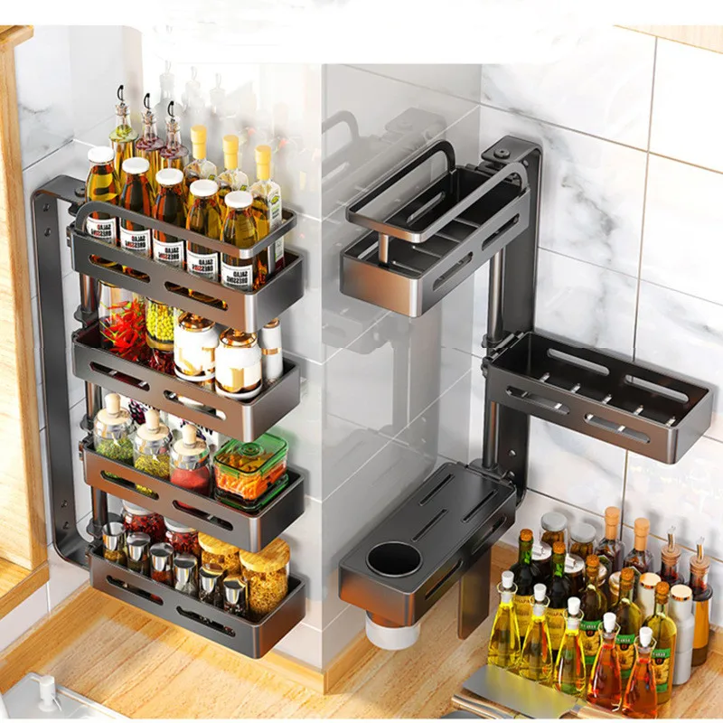 

2-4Layers Kitchen Wall Mounted Storage Rack Non-Punching Rotatable Seasoning Organizer Stand Iron Multi-Function Shelf Storage