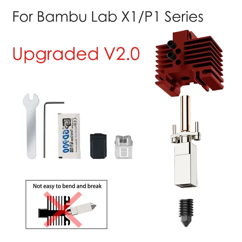 

Обновленный Hotend для Bambu Lab X1 X1-Carbon комбинированный биметаллический подогреваемый блок, Твердая стальная насадка, термистор Bambulabs P1P P1S