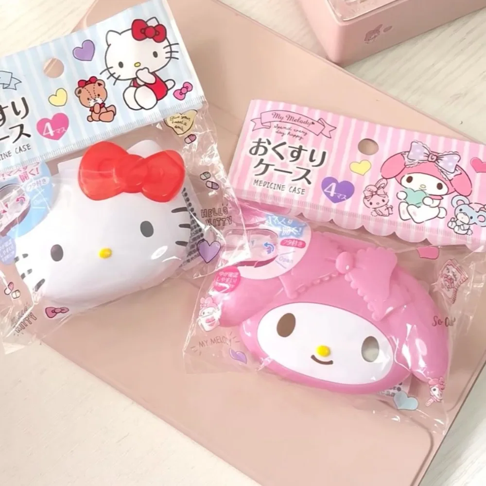 

Sanrio Animation Hello Kitty My Melody Mini Portable Pill Box Cartoon 4-Gate Cute Plastic Storage Box Travel Small Pill Box Gift