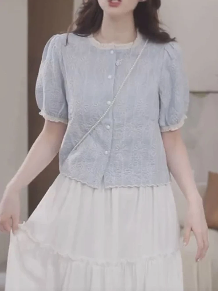 

Summer 2025 Women's Pure Color Lace Trim Loose Fit round Ne irt Design Sensation Slimming Korean Sle Commute Faion