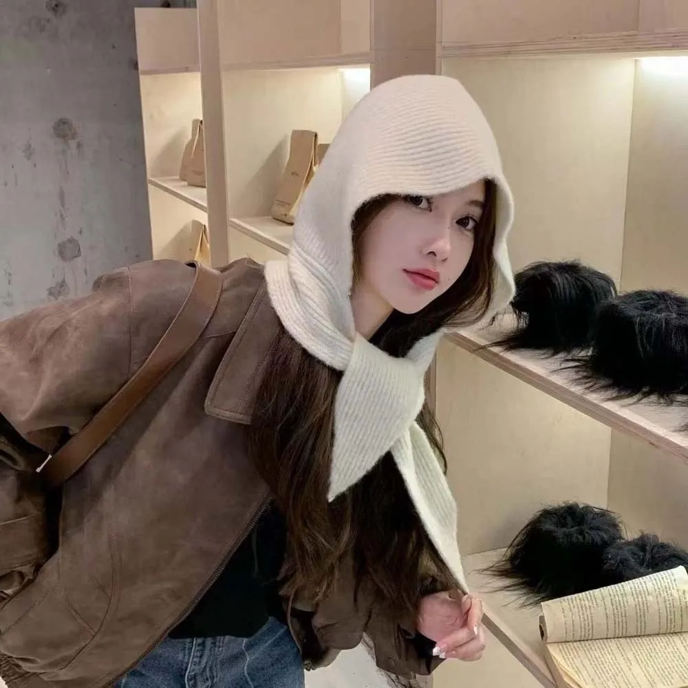 

Вязаная шапка с капюшоном из акриловых волокон, мягкая треугольная шапка с воротником-стойкой, защита ушей, утолщенный зимний шейный платок, шапка для мужчин