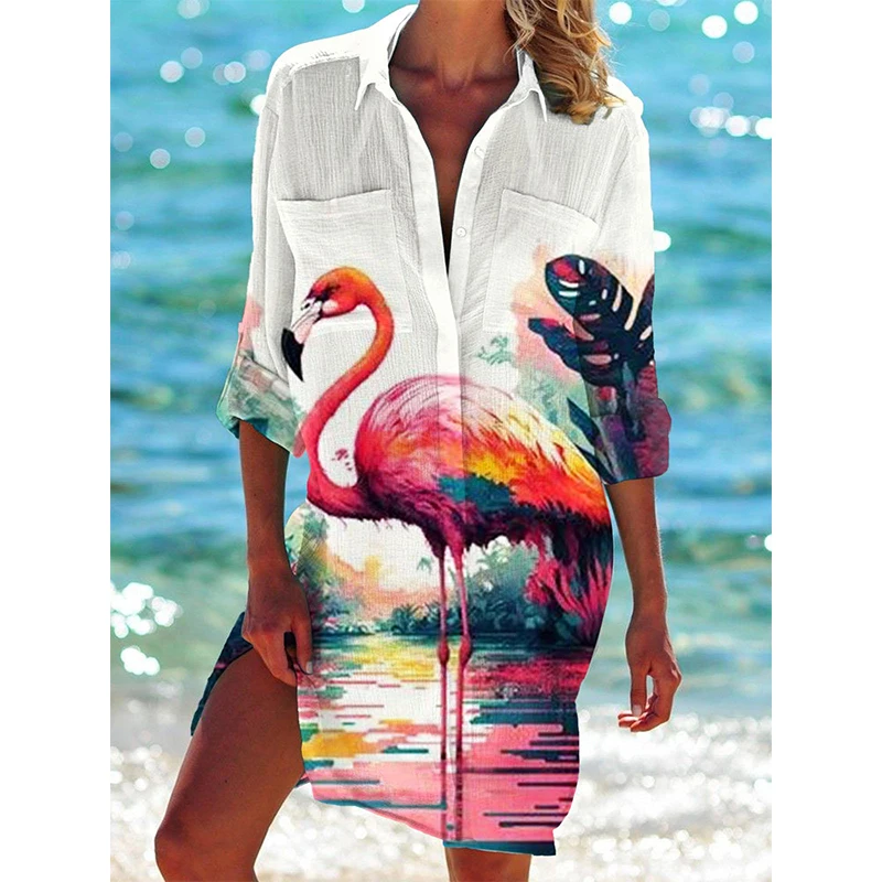 Peacock Flamingo Beach Blouses Animal 3D Print Women New Long Sleeve Mid-length Shirts Buttons Pocket Tops Blouse Woman Clothing