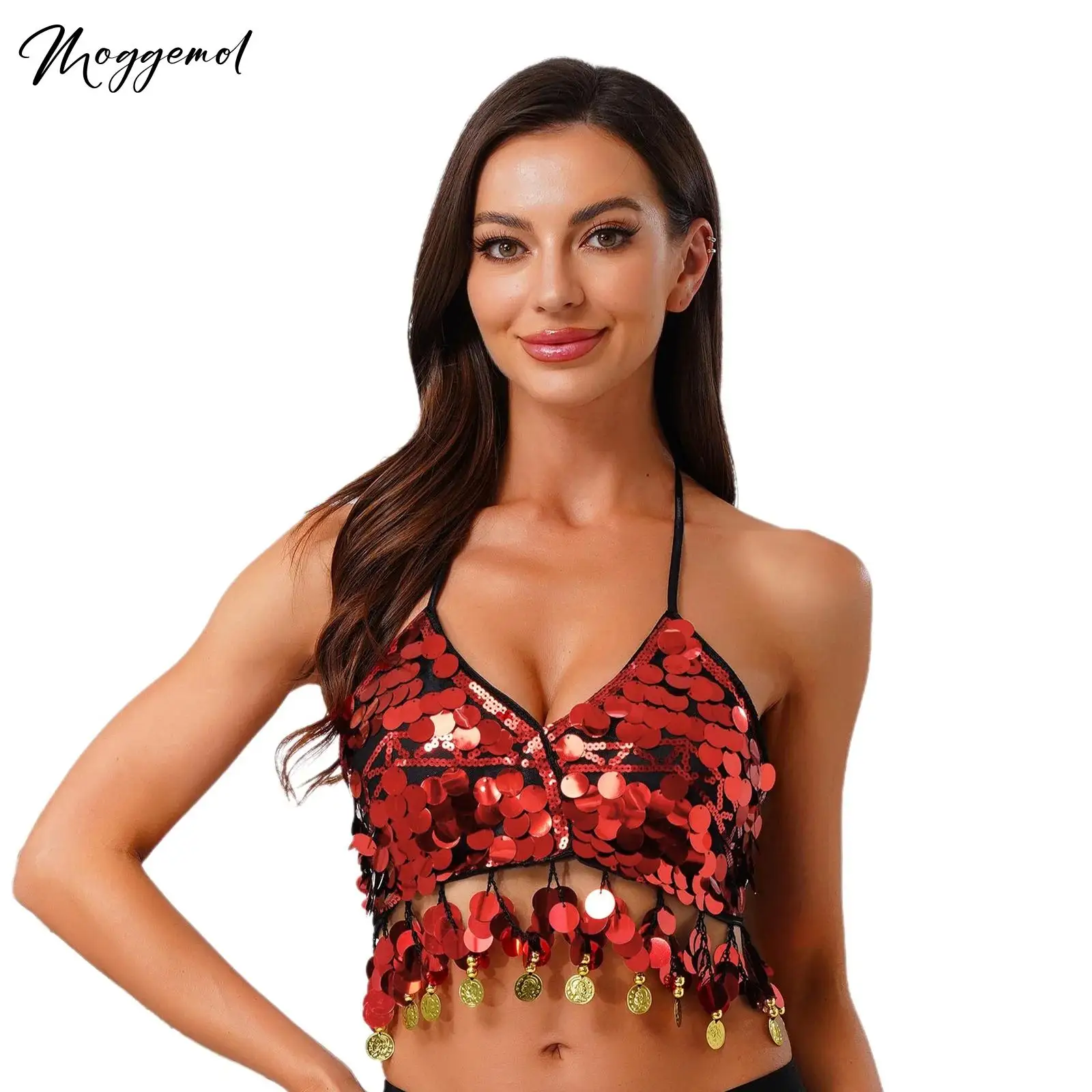 Sujetador de danza del vientre con lentejuelas brillantes para mujer, Tops con cuello Halter y almohadilla para el pecho, sujetador con cordones y flecos de lentejuelas, Tops cortos, disfraz de baile árabe de la India para Halloween