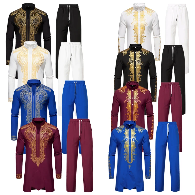 

2026 Black /White Stand-Up Collar African Print Robe Set for Men,Sappire Middle Eastern Tribal Chief Attire Top + Pants 2-Piece