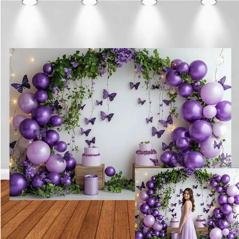 LS Photography Backdrop Purple Balloon Arch Butterfly Cake Decor Birthday Cake Smash Kids Portrait Photography Background