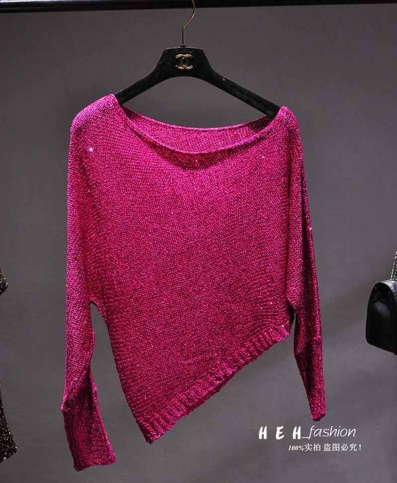 Sequins Inclined Shoulder Off-the-shoulder Sexy Long-sleeved Knitted T-shirt Short Version Sets Bright Gold Silk Blouse Fall