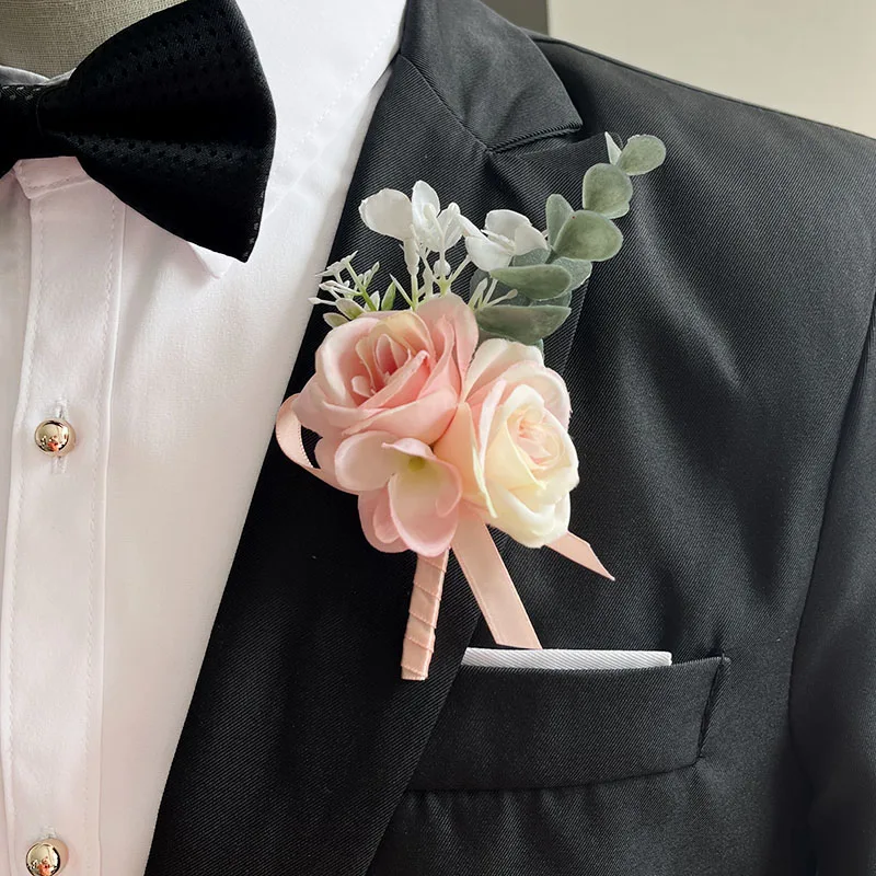 Groom Boutonniere Wedding Wrist Corsage Bracelets For Bridesmaids Pink Roses Artificial Flowers Men Buttonhole Party Accessories