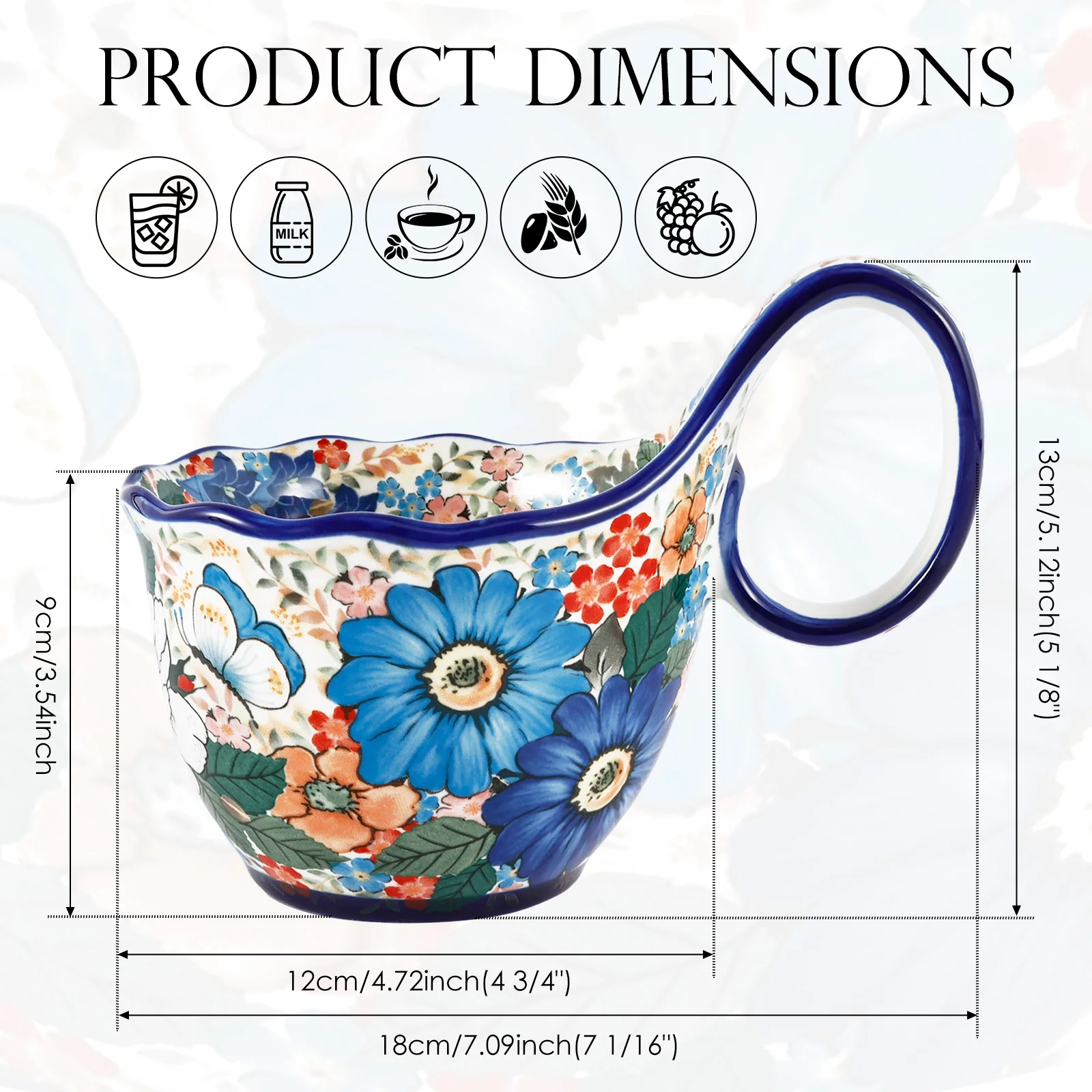 Ceramic Microwavable Soup Bowl with Loop Handle for Coffee Milk Soup Bowl with Handle Ceramic Soup Bowl Soup Mug Hand Painted