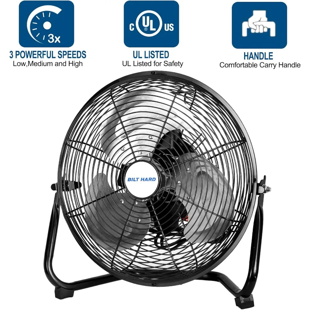 

12 in. High Velocity Heavy Duty Metal Floor Fan, 3 Speeds 1680 CFM Powerful Airflow Fan with 180-Degree Tilt
