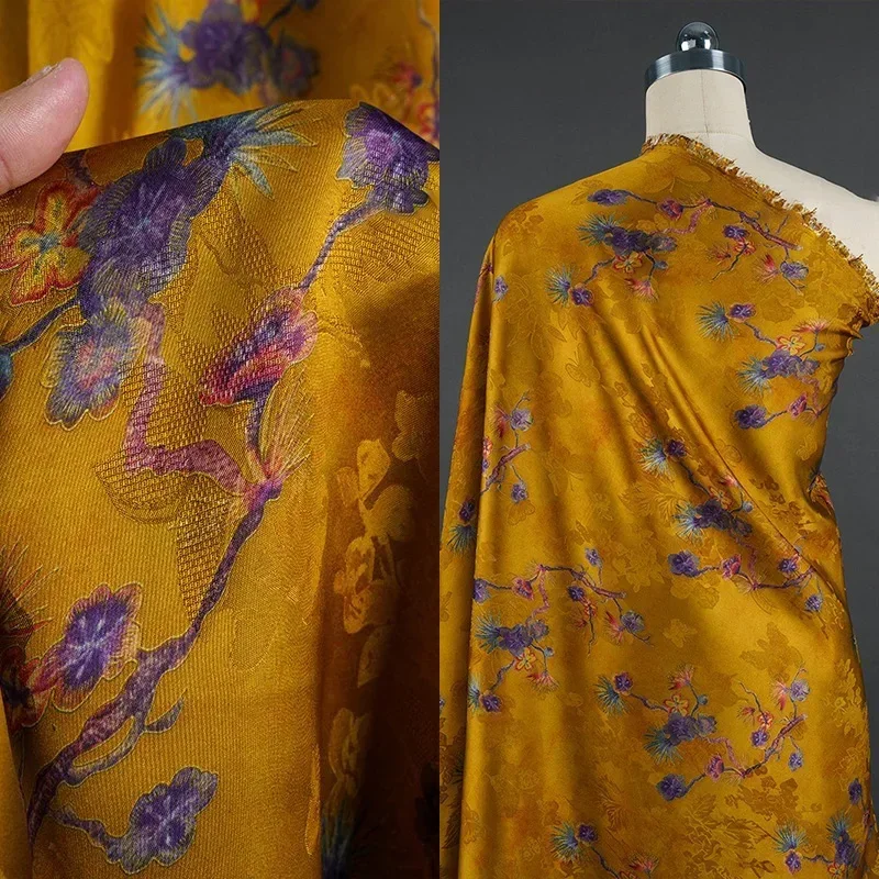 Tuo Yellow Colorful Plum Blossom Fragrant Cloud Yarn Flower Rose Fabric Chinese Style Qipao Exquisite Jacquard Breathable Fabric