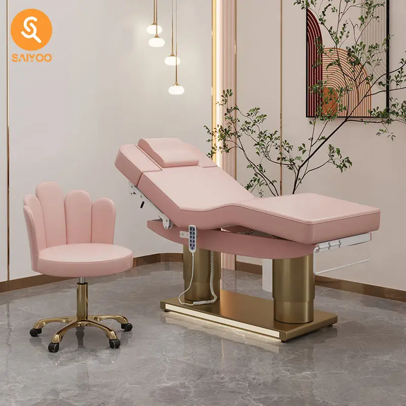 Luxury Pink Folding Electric Massage Facial Table With 4 Motors and Stainless Steel Frame
