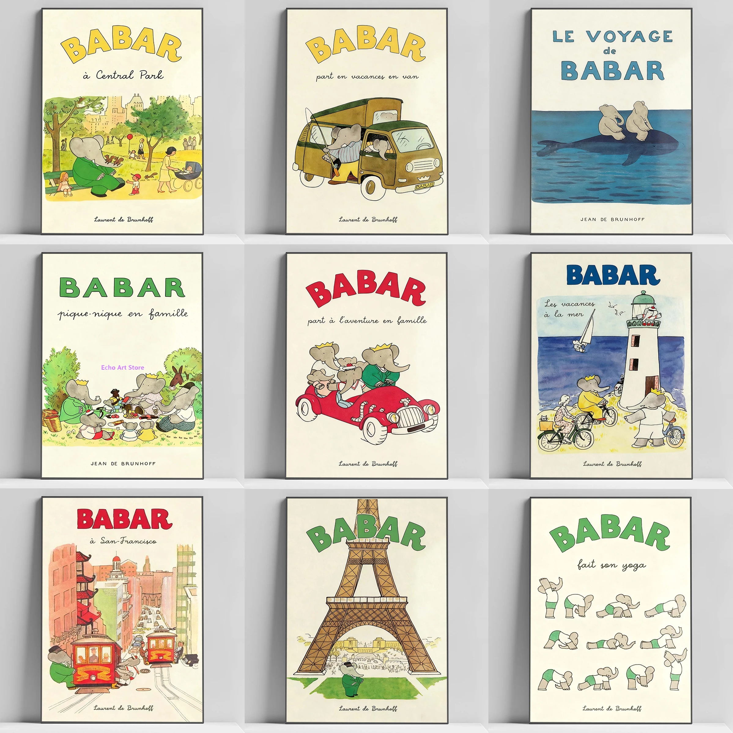 

Cartoon Elephant Babar Family Car Cute Anime Kids Poster Decorative Wall Prints For Home Decorations Room Decor Art Mural Gift