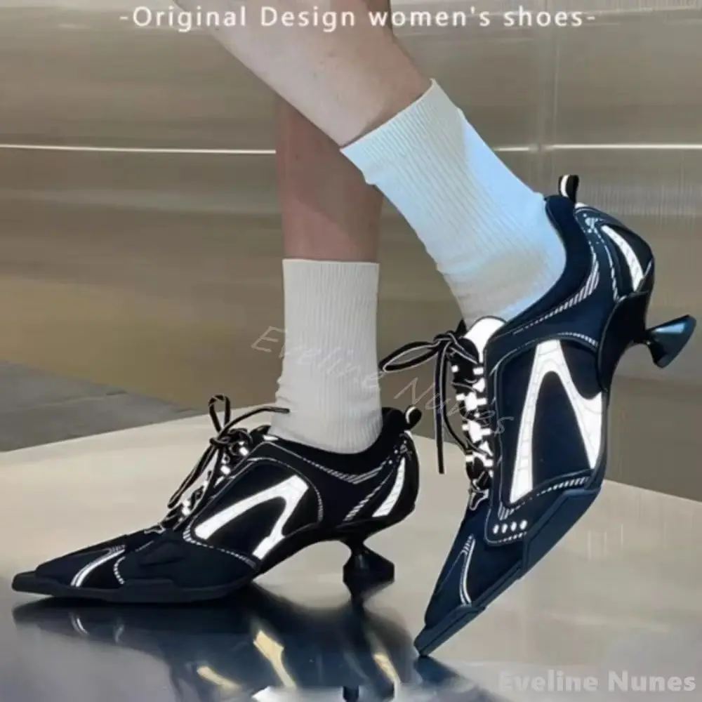 Mesh panel high-heeled sneakers women pointed toe lace up 5cm strange style black sports shoes 2026 new fashion leather sneakers