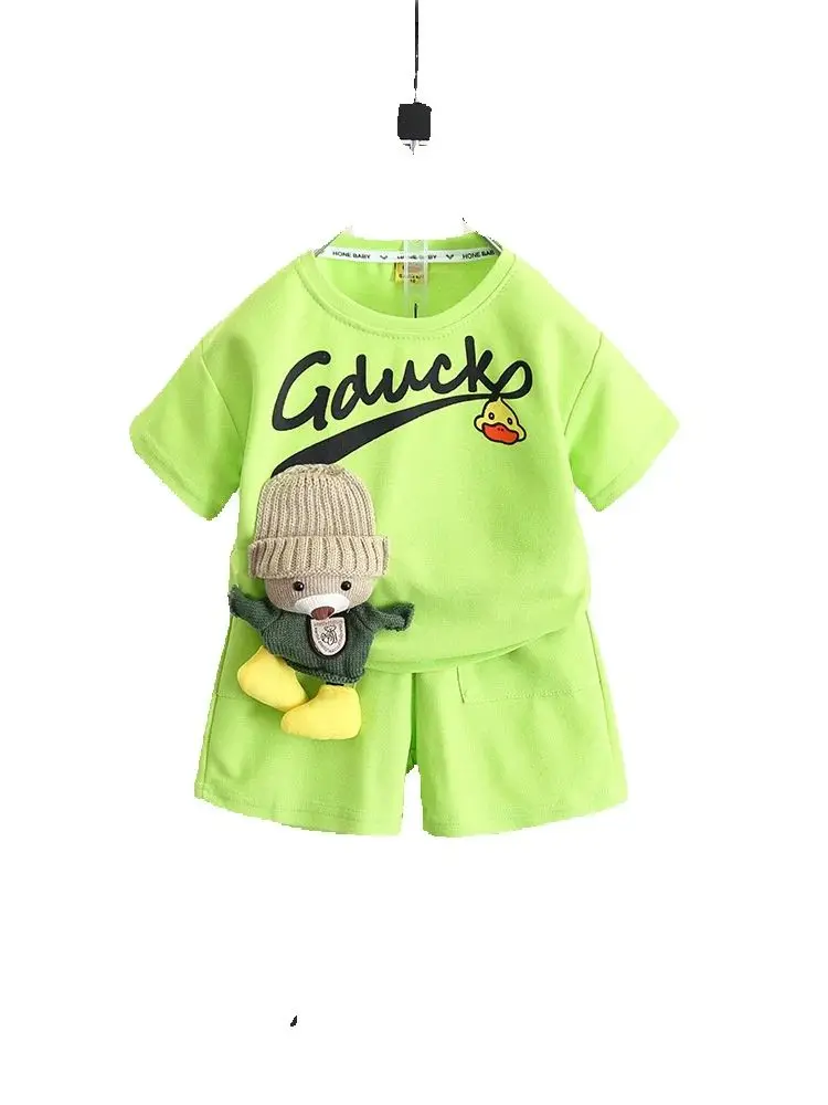 

Летний модный костюм с плюшевым мишкой для мальчиков и девочек от 2 до 11 лет, подарок, детские спортивные костюмы, модный детский топ с короткими рукавами + шорты, наряд из 2 предметов