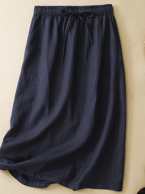 Yellow Lyocell Cotton Linen A-Line Split Midi Skirt Women's Spring Summer New Pure Color Casual Half Skirt High Waist Elastic