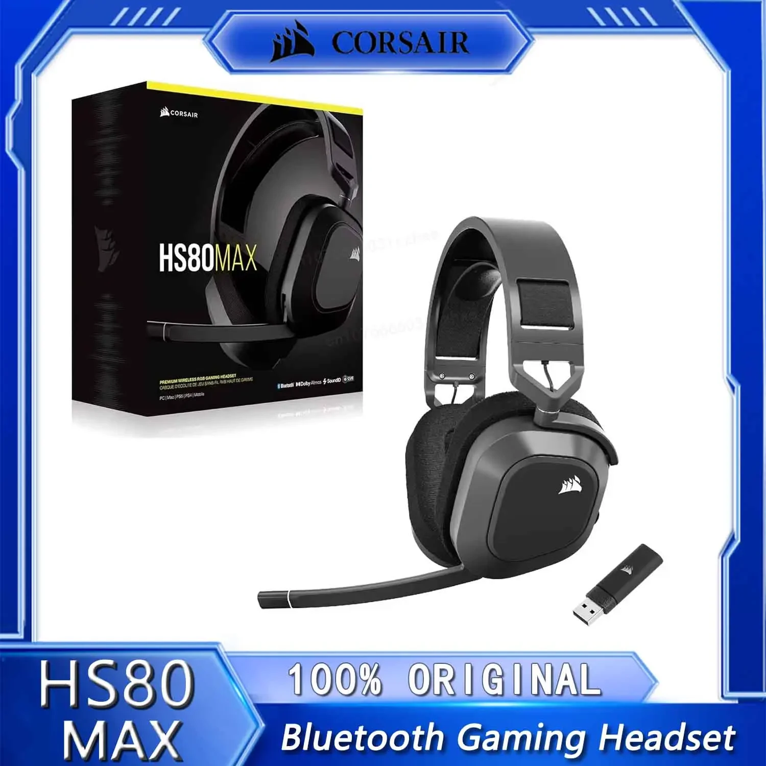 Corsair HS80 MAX Wireless Multiplatform Gaming Headset with Bluetooth - Dolby Atmos - Broadcast Quality Microphone100% original