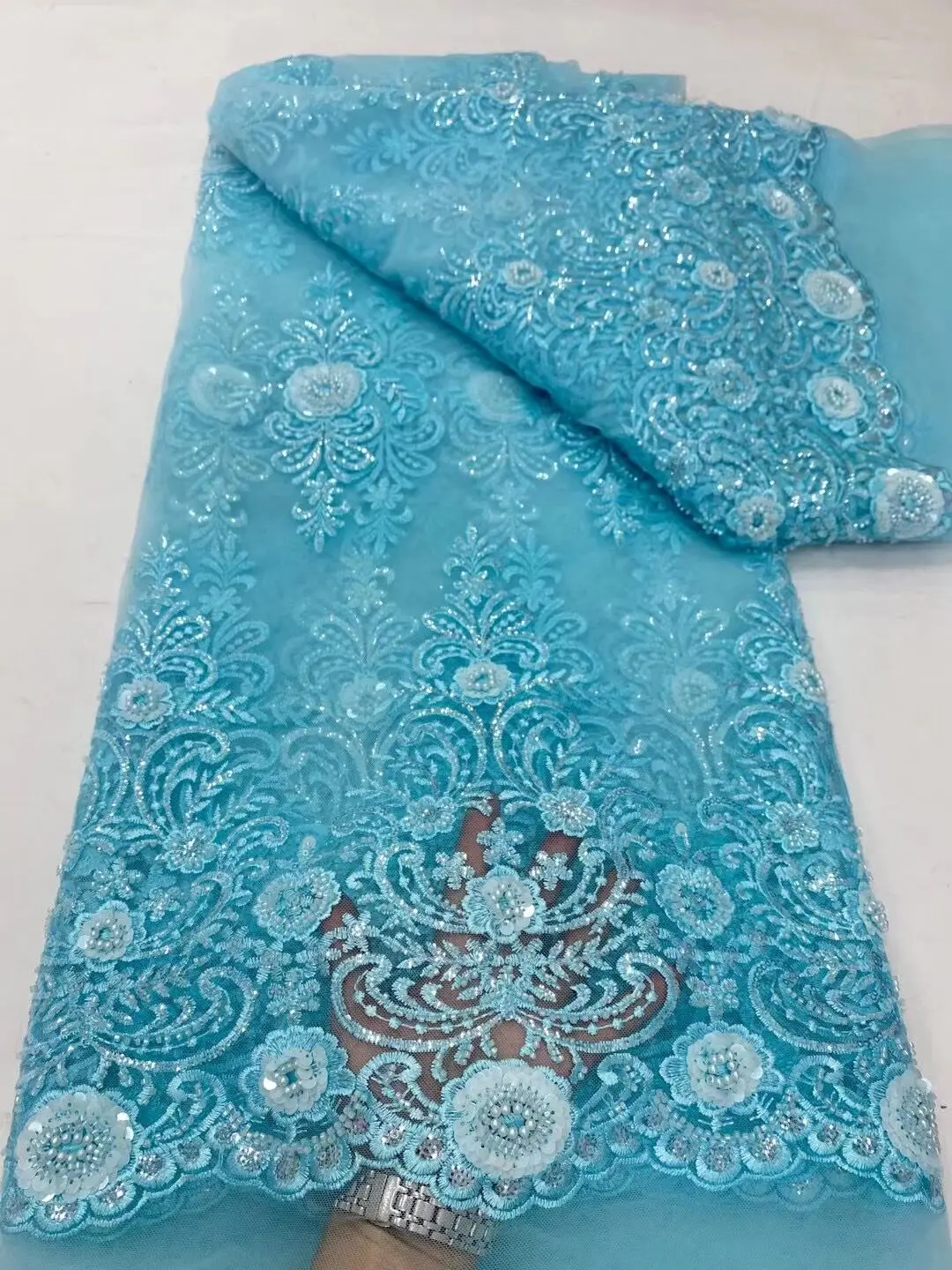 

African beads Lace Fabric High Quality Lace French L-13081011 Lace Fabric With Sequins nigeria party dress