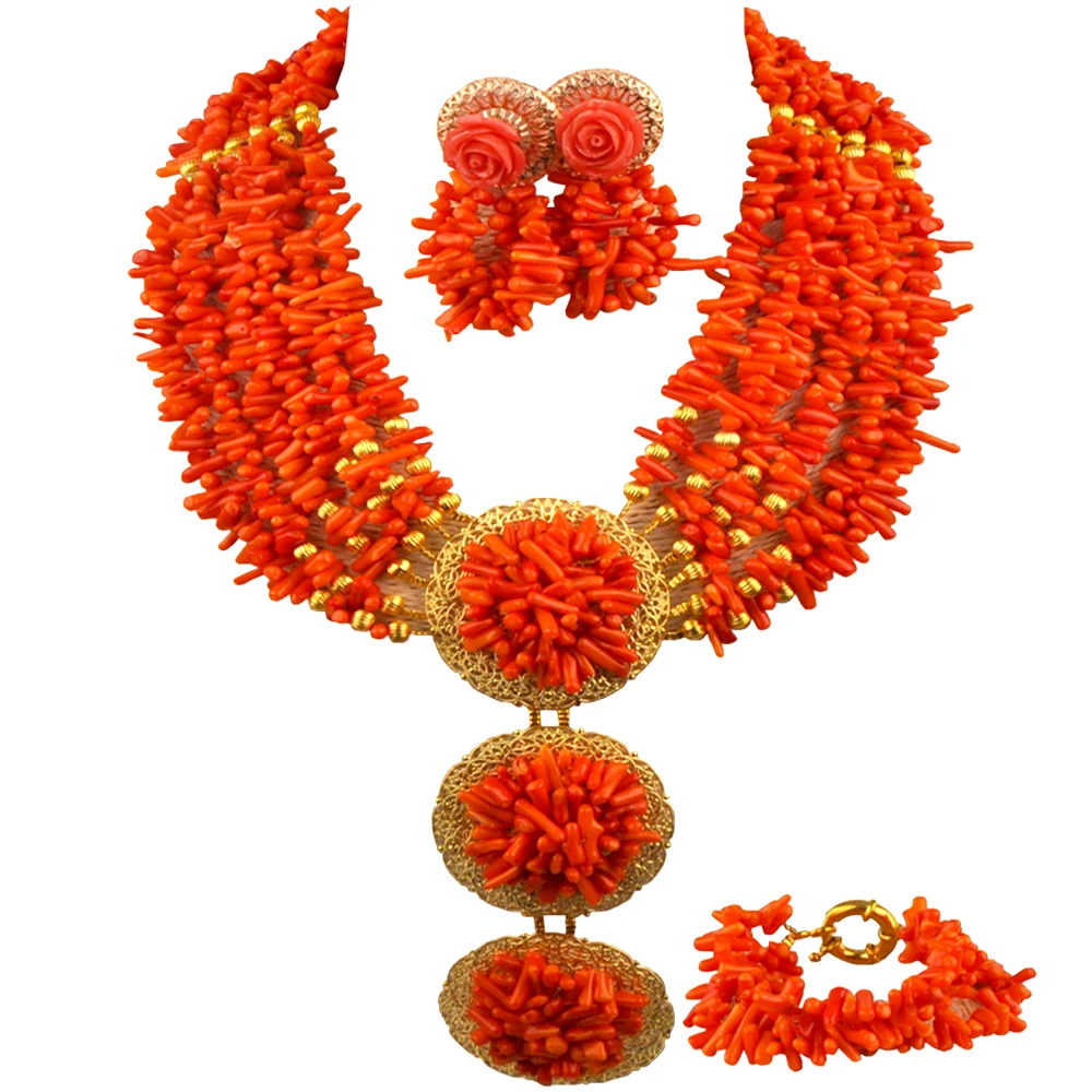 Orange Nigerian Coral Beads African Jewelry Set for Women