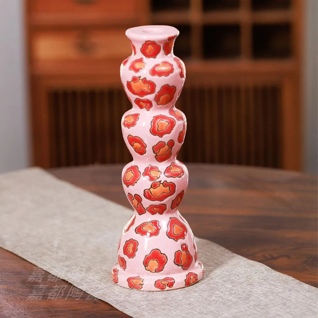 Retro Leopard Pattern Ceramic Candlestick Holder, Irregular Stacked Pillar Candle Stand, Modern Tabletop Home Decoration