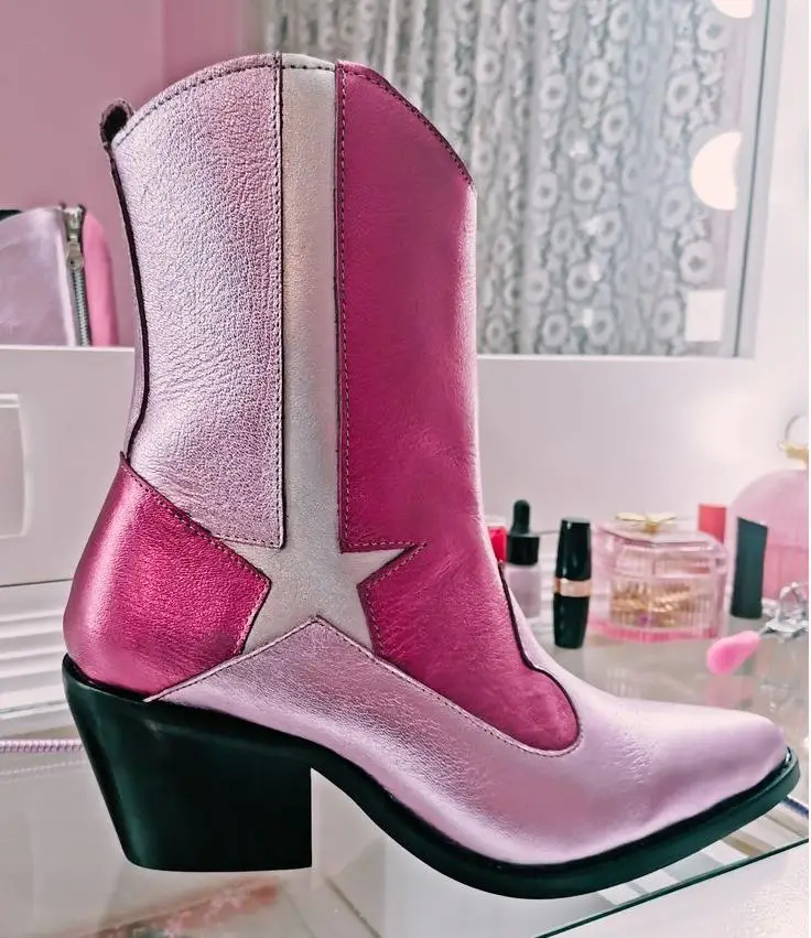 

Pink Chunky Heeled Leather Western Boots Women's Pointy Toe Star Sliver Ankle Boots Low Heels Cowboy Luxury Designer Shoes