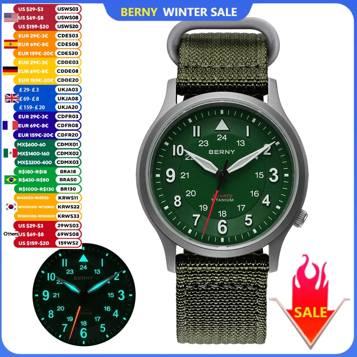 BERNY Titanium Horloges voor Mannen Super Lichtgevende Saffier Veld Piloot Heren Horloge Outdoor Quartz Horloge Lichtgewicht 5ATM