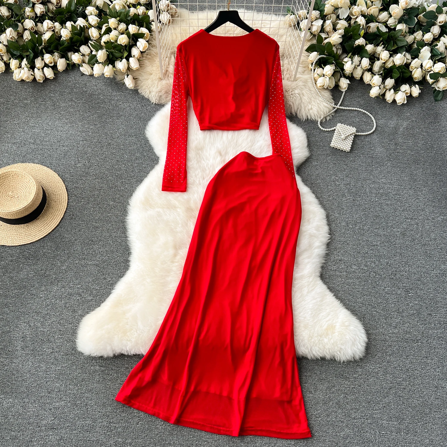 Women Vintage Two Pieces Skirt Sets Women Long Set with diamonds Sleeve Versatile Fishtail skirt