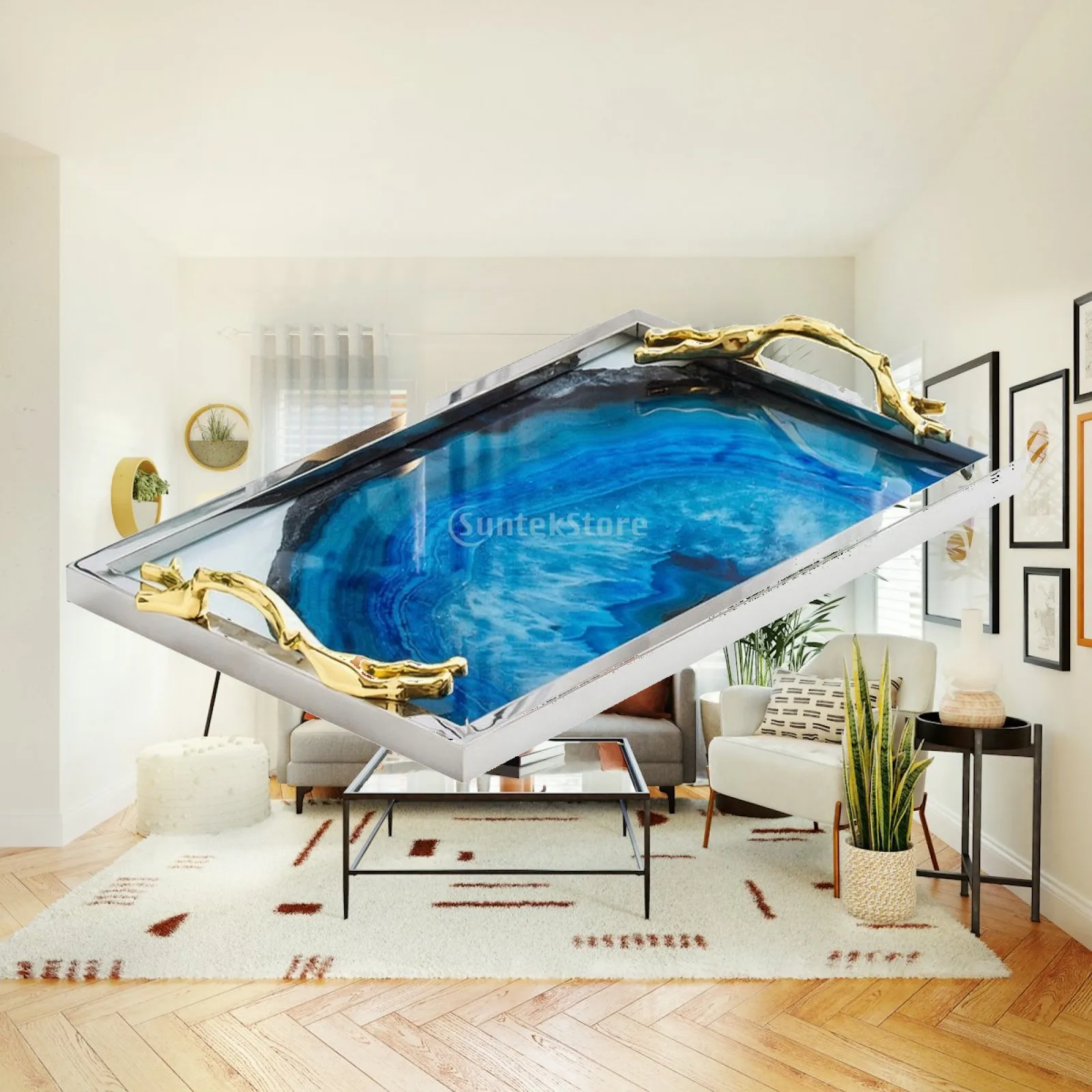 Luxury Copper Decorative Tray for Coffee Table Centerpiece Organizer with Blue Stone Pattern and Carry Handles