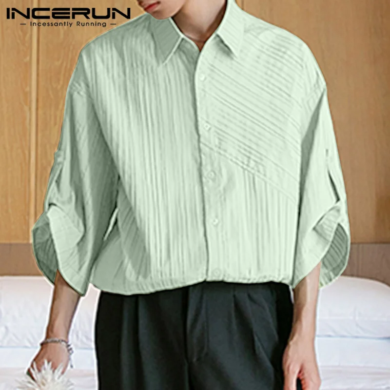 INCERUN Men\'s Shirt Solid Color Lapel 3/4 Sleeve Loose Korean Casual Male Shirts Streetwear 2024 Pleated Fashion Men Clothing