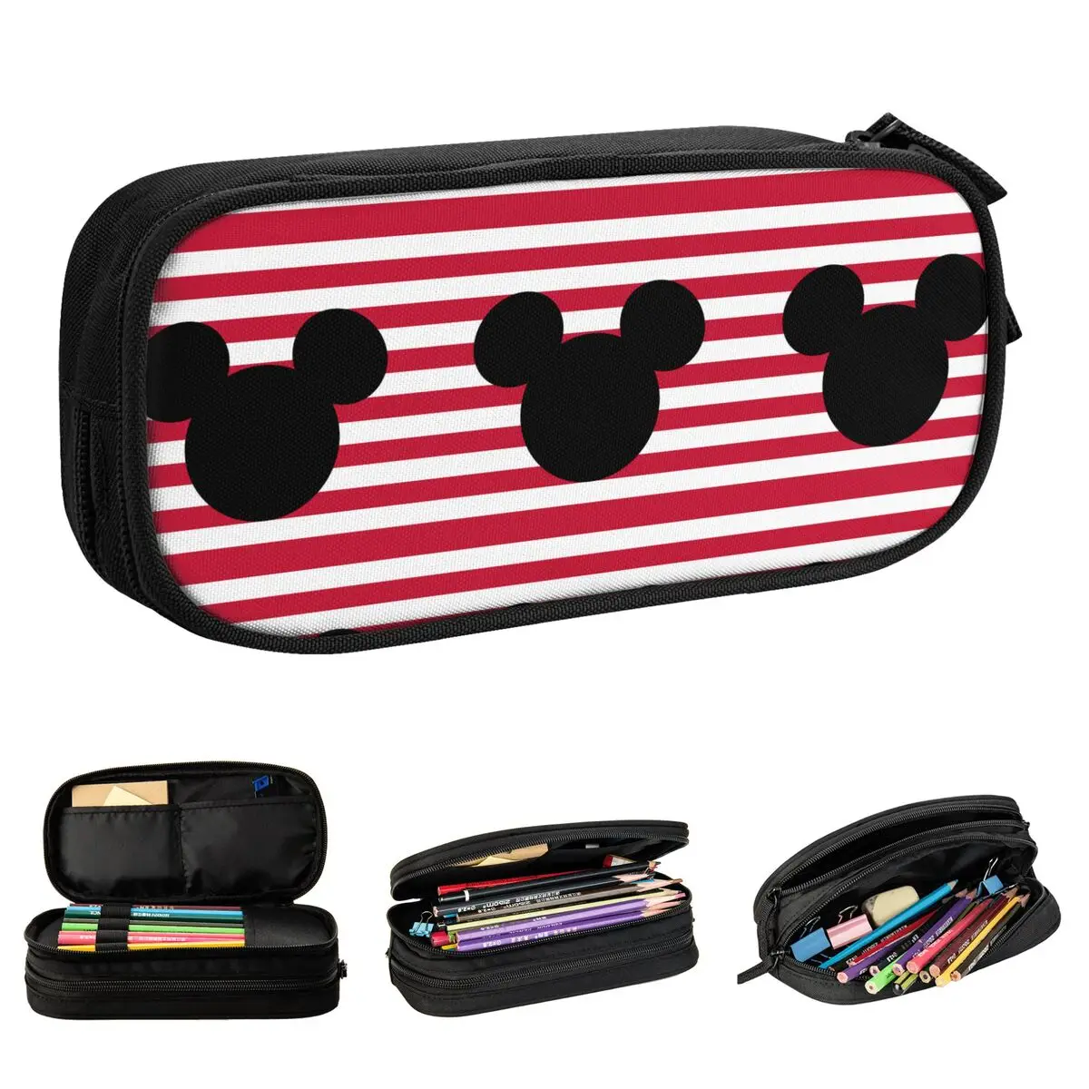 Mickey Head Silhouette Striped Pencil Cases Pencilcases Pen Box for Student Large Storage Bags School Supplies Gifts Stationery