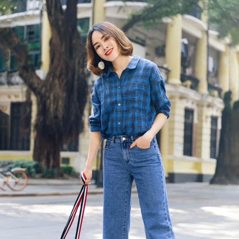 

New Original Travel Pure Cotton Long Sve Base Layer irt Korean BF Loose Slimming Casual Plaid Women's irt Collar ...