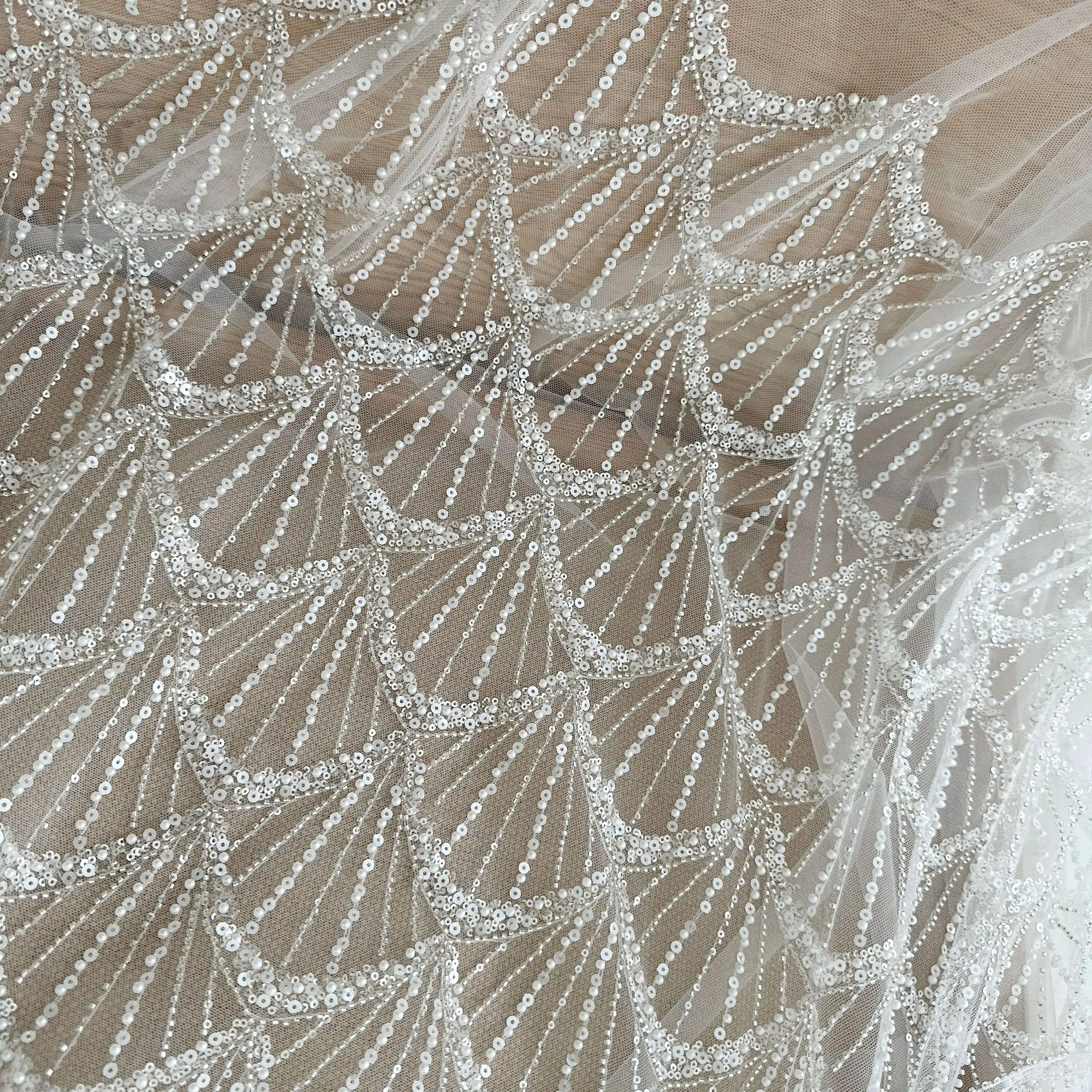 

1 ярд, тяжелые бусины, серебристые бусины, тюль, сетчатая кружевная ткань, материал для свадебного платья