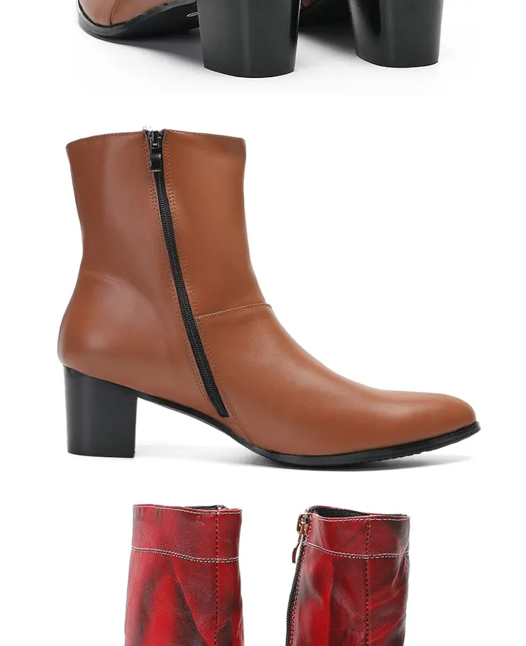 Frühling andAutumn Männer hochhackigen Quadratische kopf Bühne Laufsteg Hochzeit Stiefel top schicht rindsleder Starke Ferse Partei Heighten männer der Stiefel – Detail 5