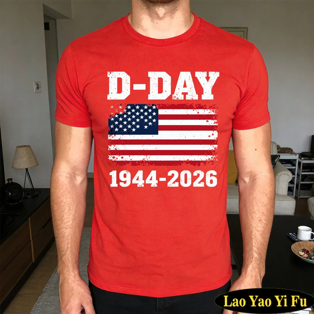 Vintage 1944-2026 Operation Overlord US Flag Men's Patriotic Print Short Sleeve TShirt Summer Short Sleeve Gift for Veterans Day