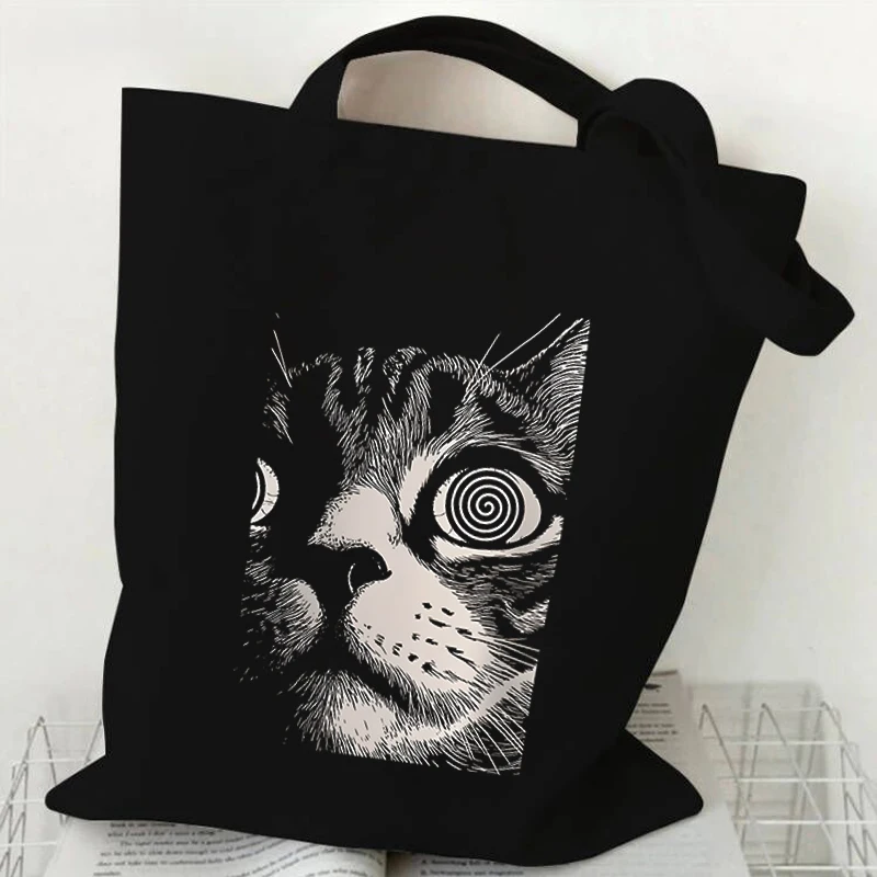 Women\'s Psychedelic Cat Tote Bag Canvas Dreamcore Aesthetic Shopping Bags Fashion Grunge Animal Unisex Shoulder Bag Handbags