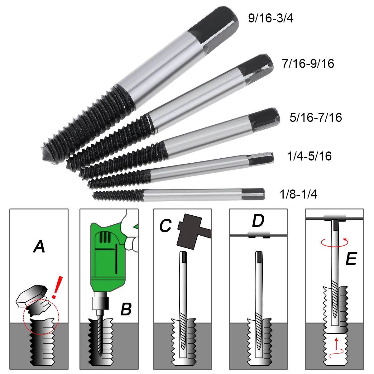 5pcs/set Damaged Broken Screw Extractor Easy Out Set Drill Bits Guide Broken Damaged Bolt Remover