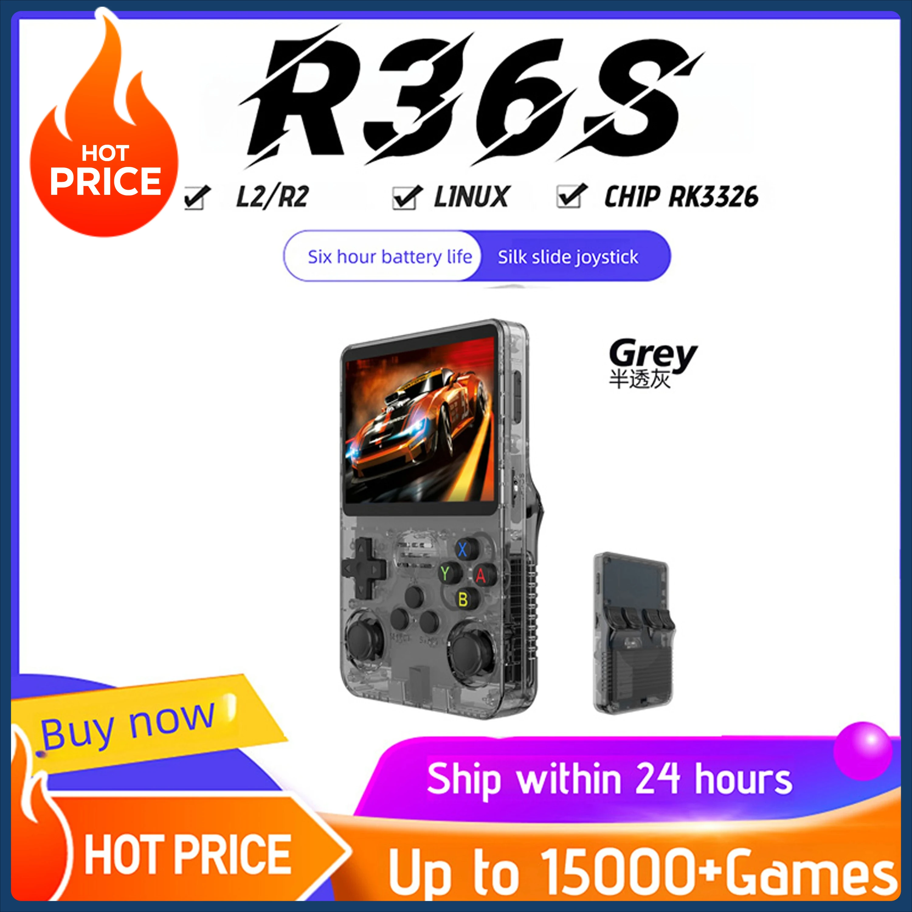 

R36S Retro Gaming Console - Linux System, 3.5-inch IPS, 3000mAh Battery, 64GB Gaming, Portable Pocket Video Player