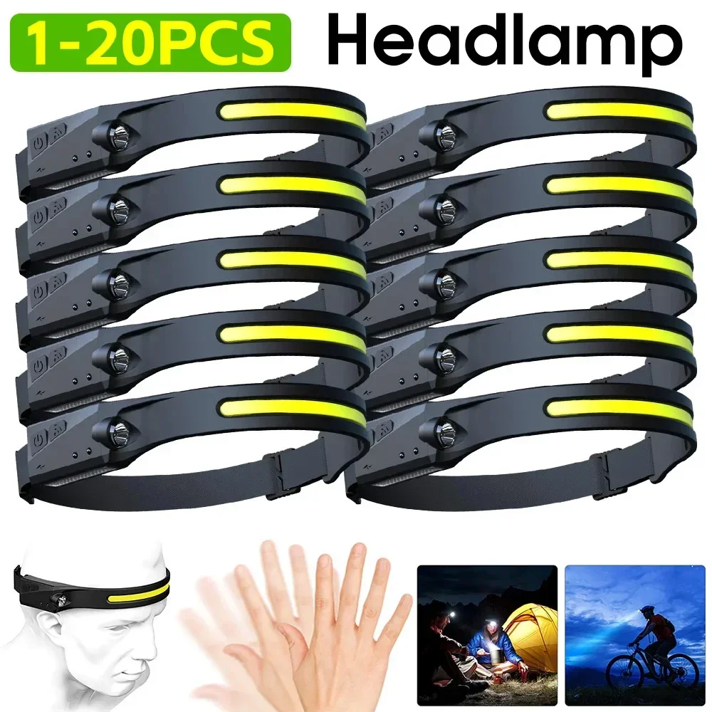 1-20PCS LED COB Sensor Headlamp Built-in Battery USB Rechargeable Head Flashlight 5 Lighting Modes Camping Fishing Lantern