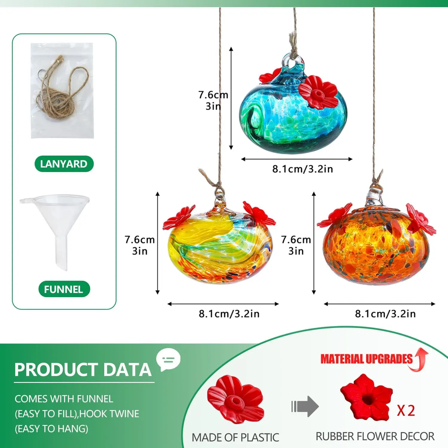 Small Blown Glass Hummingbird Feeders for Outdoors Hanging with 2 Flower Feeding Ports 3inch Glass Humming Bird Feeders
