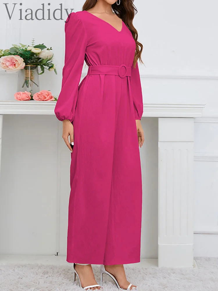 Office Lady Solid Color V-Neck Long Sleeve Straight Jumpsuit With Belt