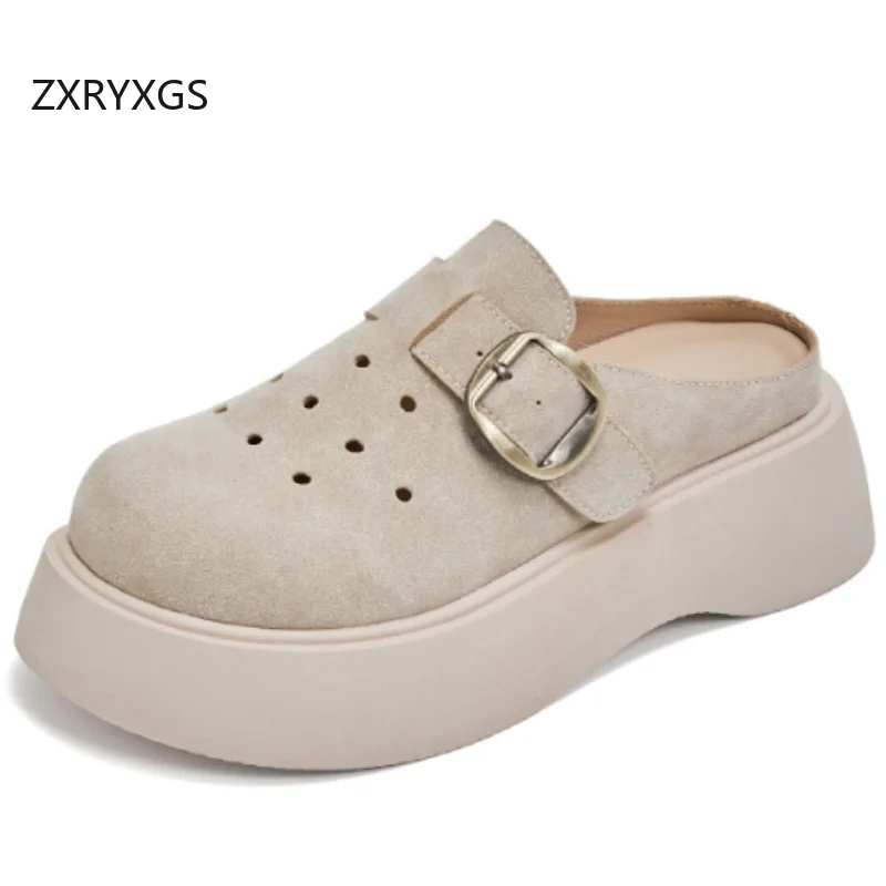 

ZXRYXGS женские кожаные тапочки премиум-класса из коровьей замши с круглым носком, обувь с лифтом на толстой подошве, универсальные уличные тапочки, новинка 2025 г.